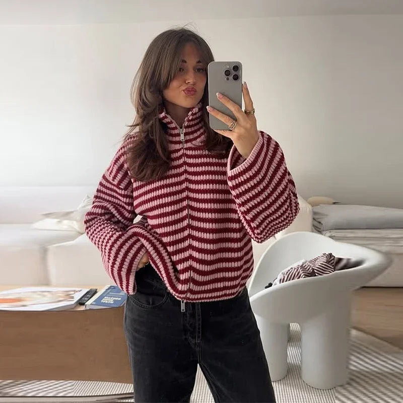 Women's Panelled Striped Zipper Knit Sweater Turtleneck Full Sleeve Coat 2026 Spring Autumn Female Casual Outings Daily Matching