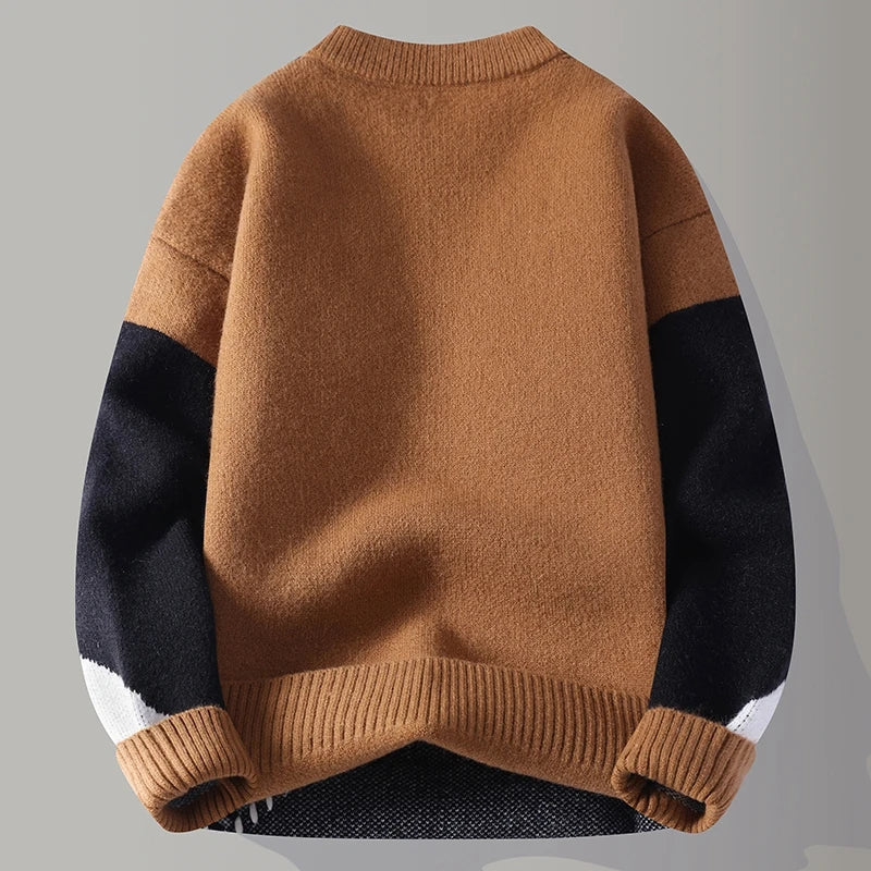 Autumn Winter Youthful Vitality Pullovers Men Fashion Patchwork O-Neck Knitted Sweater Mens Loose Warm Casual Chic Knit Sweaters
