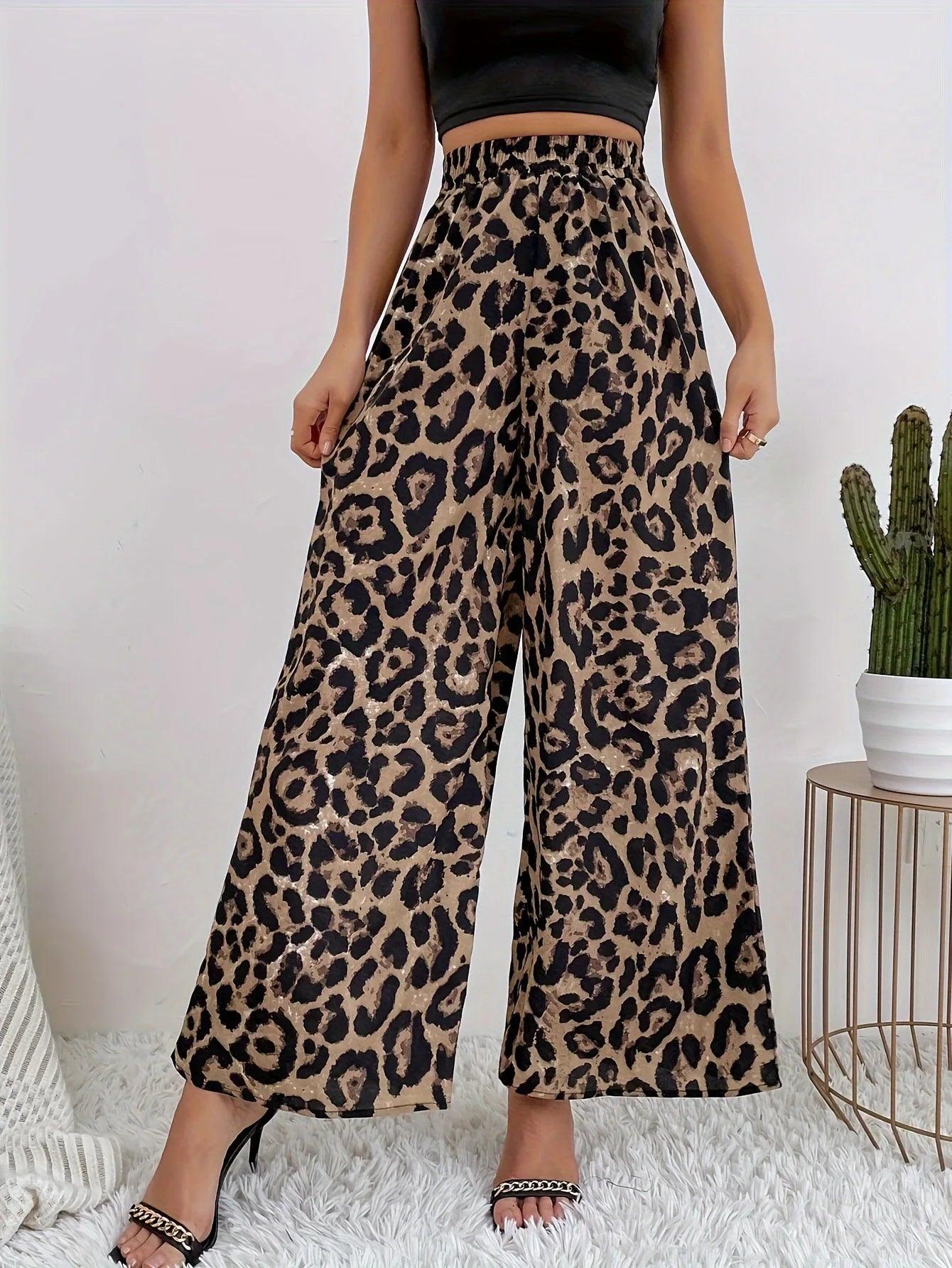 2025 Summer Temperament Leopard Print Casual Pants for Women, Elastic Waistband, Wide Leg