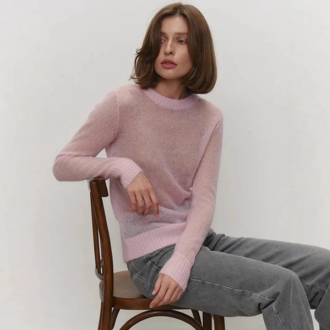Classic Mohair Knitted Sweater Top for Women - Spring and Summer Fashion Loose Fit O-neck