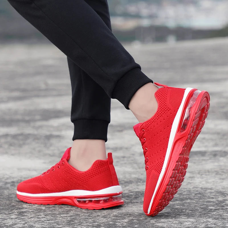Red Affordable Running Shoes for Men and Women - Breathable Woven Air Cushion Sneakers in Sizes 35-46