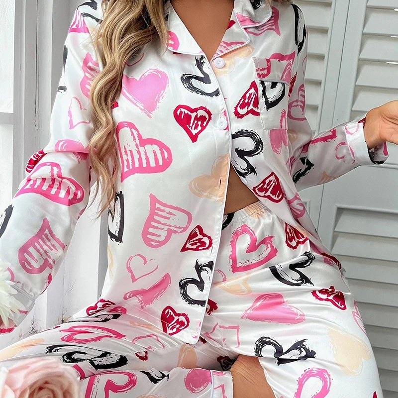 Spring Autumn Pajama Women Silk Satin Pajamas Set Long Sleeve Shirt with Trouser Sleepwear Loungewear Female Pajamas Suits Mujer