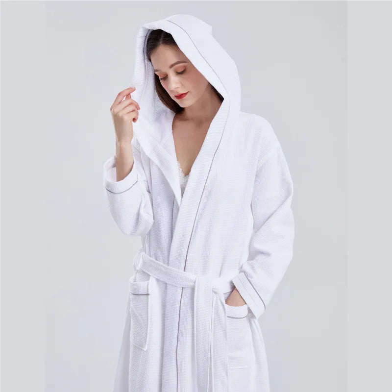 Pure Cotton Waffle Hooded Hotel SPA Robe for Men and Women - Quick Drying, Absorbent Kimono Yukata Sleepwear, Homewear, Casual Soft Bathrobe