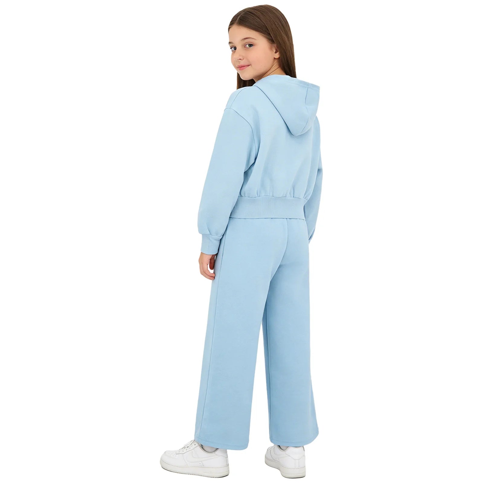 Children Girls Fashion Sports Set Long Sleeve Zipper Hooded Jacket with Pockets Wide-Leg Pants for Gym Workout Exercise Running