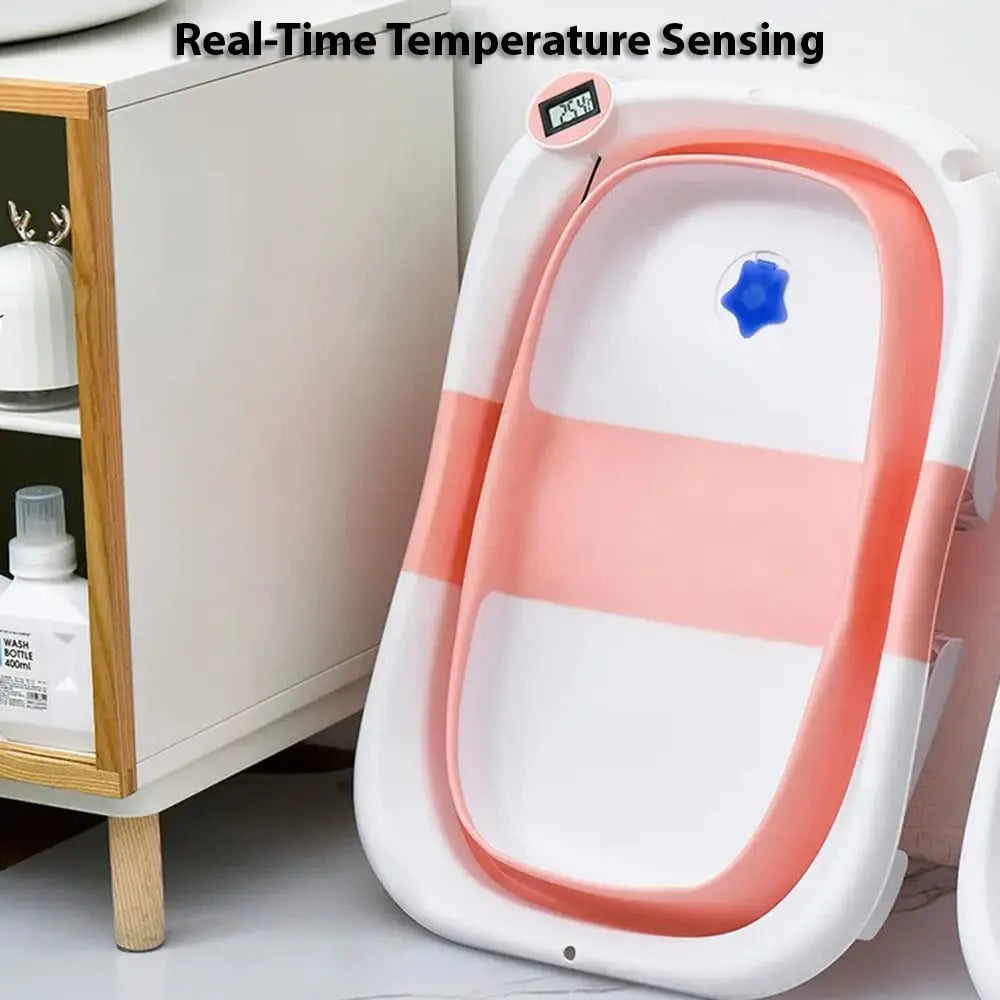 Foldable Baby Bath Tub with Bath Cushion for Infants and Toddlers - Thermometer, Non-Slip, Collapsible, Perfect from Newborn to Toddler