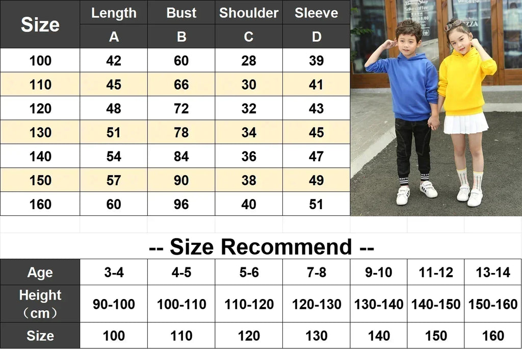 Children's Hooded Sweatshirt, Warm and Thick, Solid Color, Black, Yellow, Blue, Pink, Purple, Red Casual and Stylish Sweatshirt.