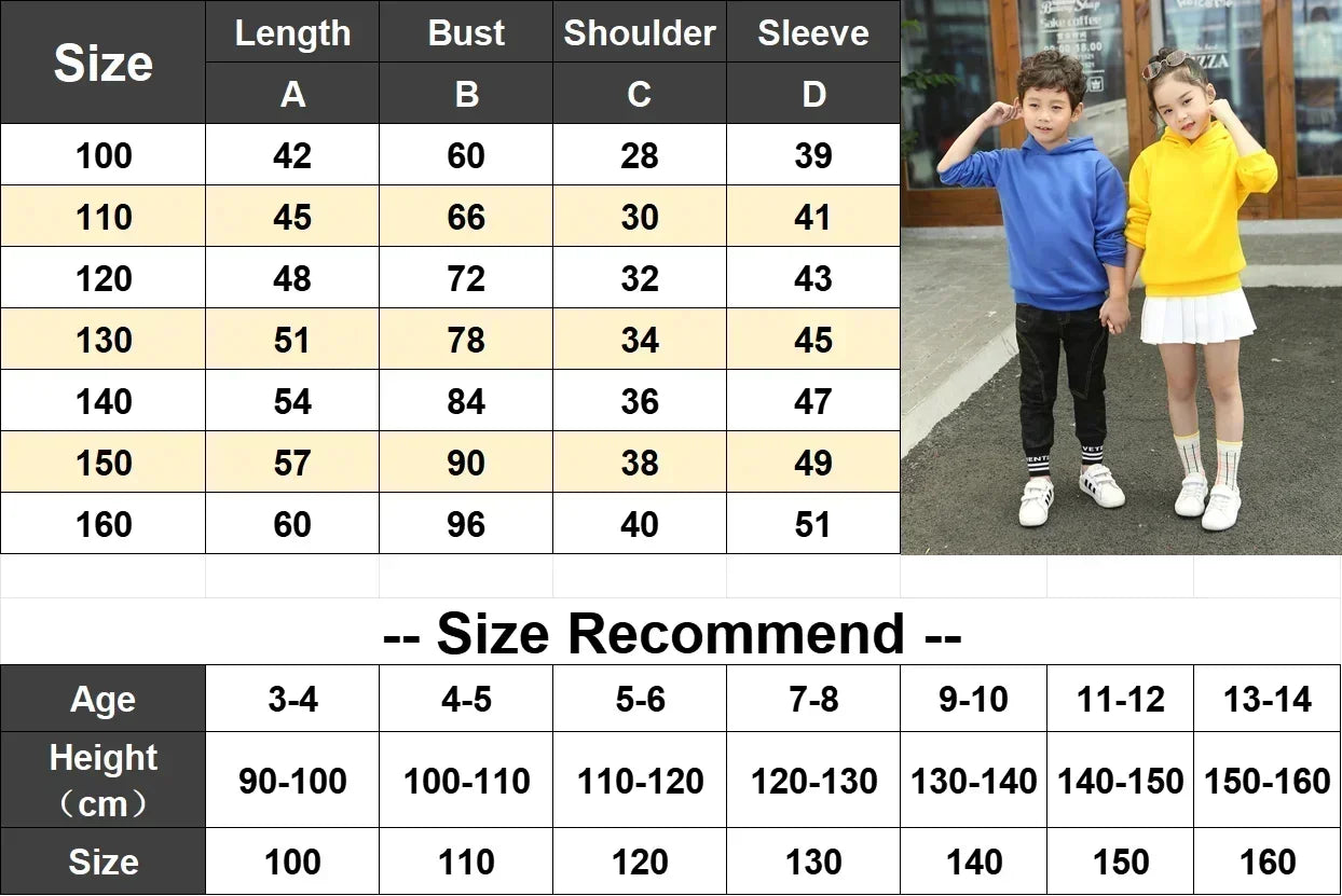 Children's Hooded Sweatshirt, Warm and Thick, Solid Color, Black, Yellow, Blue, Pink, Purple, Red Casual and Stylish Sweatshirt.