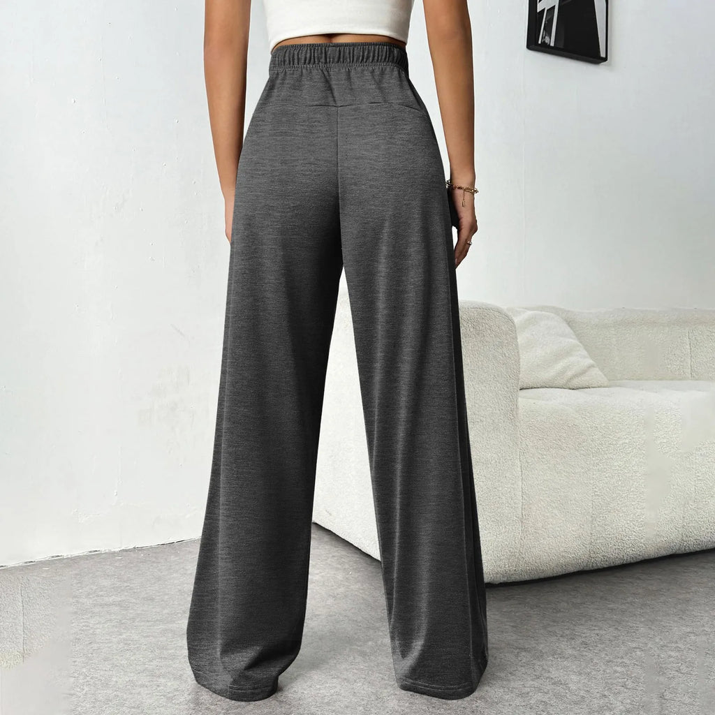 Women New Elastic Waist Pants with Side Pockets Fleece Lined Thick Wide Leg Sweatpants Pure Color Straight Cut