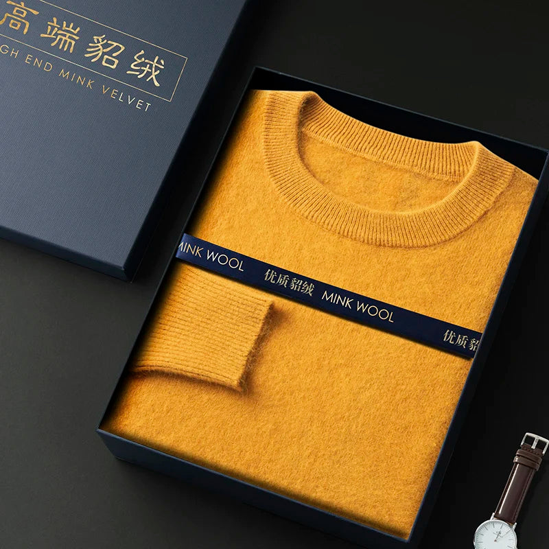 100% Pure Mink Cashmere Men's Round Neck Sweater for Autumn Winter, Casual Knitted Long Sleeved Pullover Sweater Men's Clothing