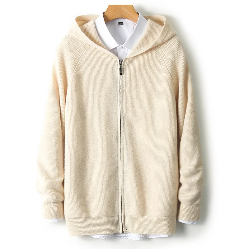 Men's 100% Merino Wool Hooded Zipper Cardigan - Autumn Winter Thick Knit Large Size Jacket Long Sleeved Sportswear Coat
