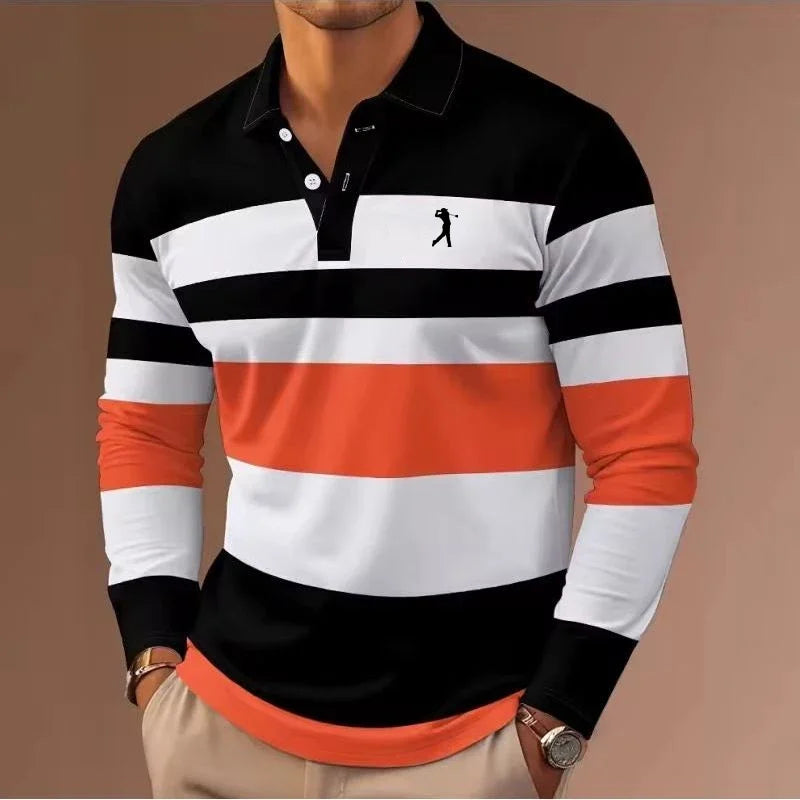 Men's Striped Rugby Polo Long-Sleeved Collar Shirt for Casual, School, Outdoor Sports - 3D Printing for Spring, Autumn, and Winter