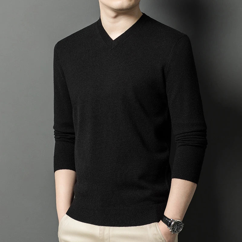Men's V-Neck Basic Solid Color Sweatshirt Warm Autumn Knitted Oversize Pullover Elastic Round Neck Sweater for Casual Wear