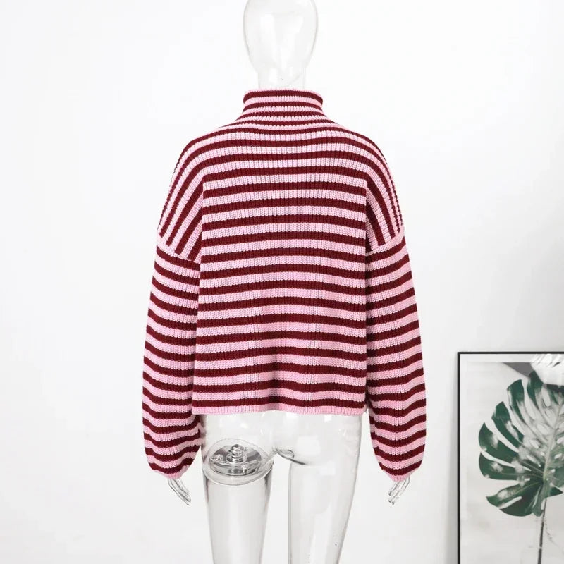 Women's Panelled Striped Zipper Knit Sweater Turtleneck Full Sleeve Coat 2026 Spring Autumn Female Casual Outings Daily Matching
