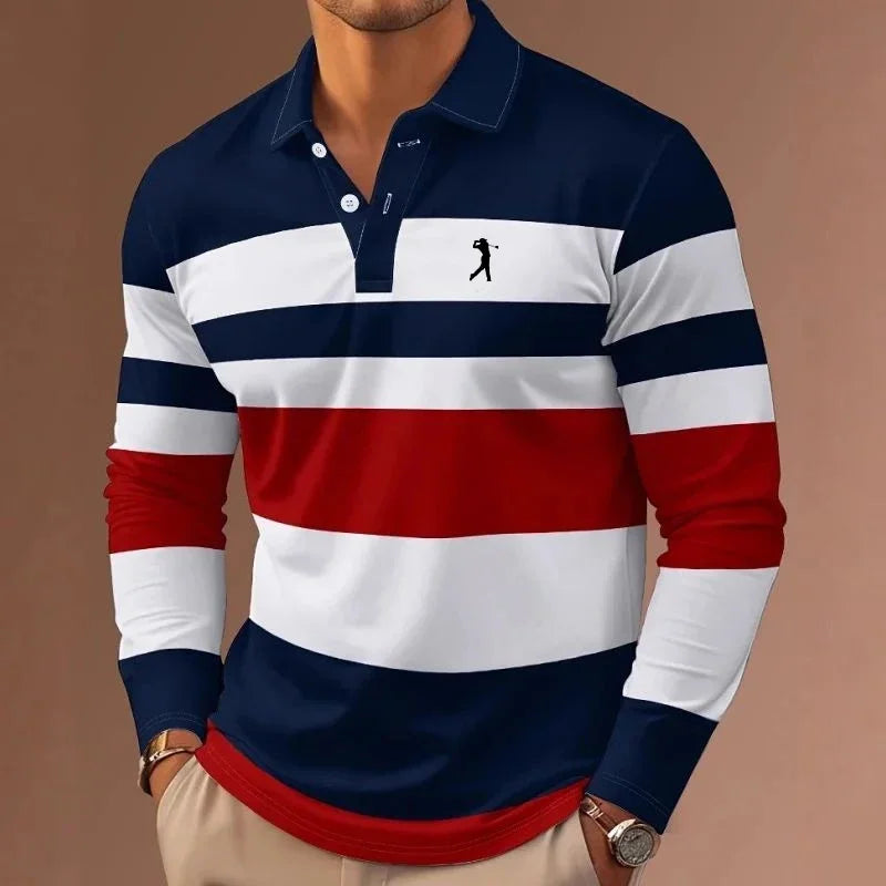 Men's Striped Rugby Polo Long-Sleeved Collar Shirt for Casual, School, Outdoor Sports - 3D Printing for Spring, Autumn, and Winter