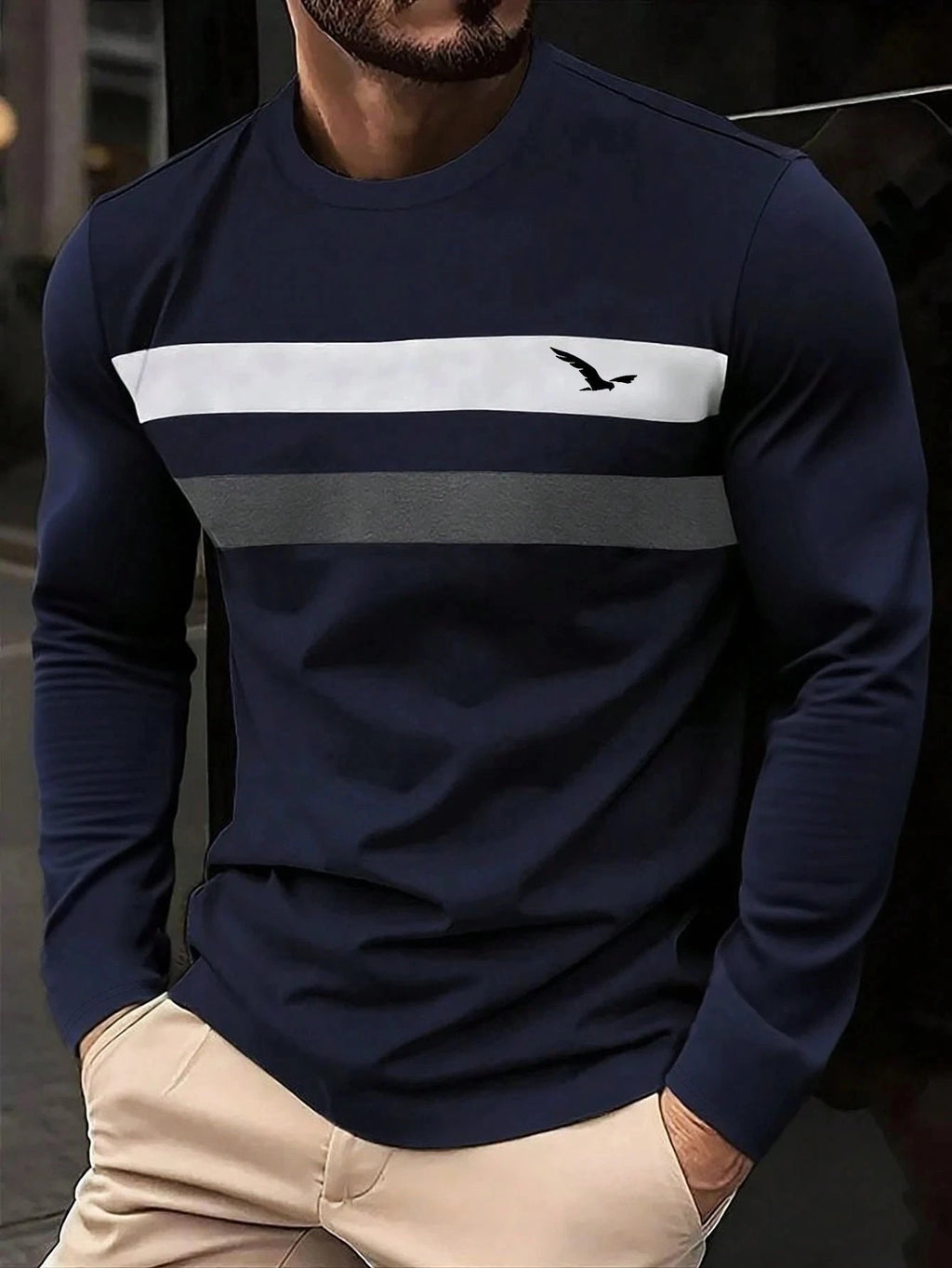 Autumn New Contrast Color Business Casual Round Neck Men Long Sleeve T-Shirt Oversized Shirt Men's Clothing Pullover New In Tops