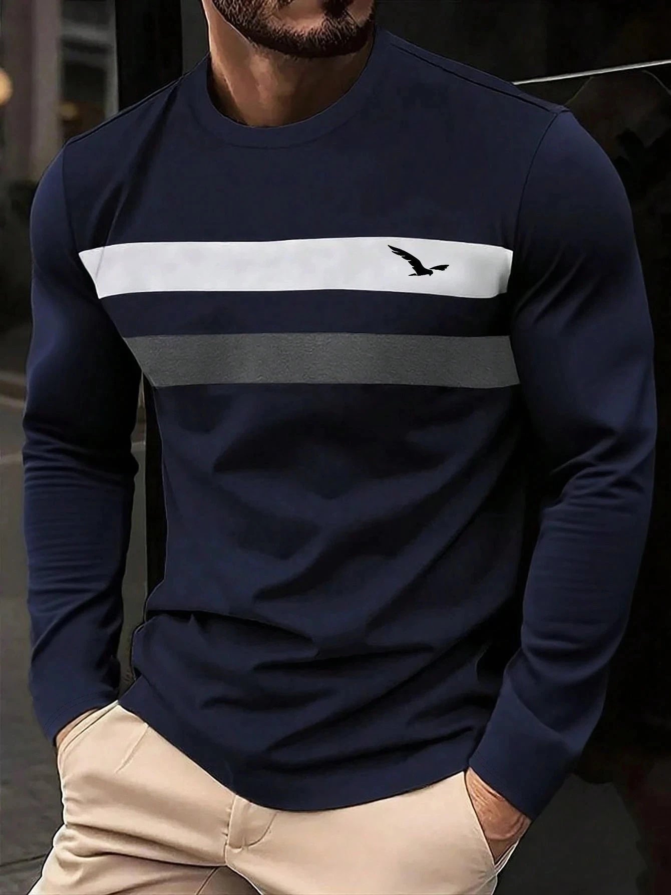 Autumn New Contrast Color Business Casual Round Neck Men Long Sleeve T-Shirt Oversized Shirt Men's Clothing Pullover New In Tops