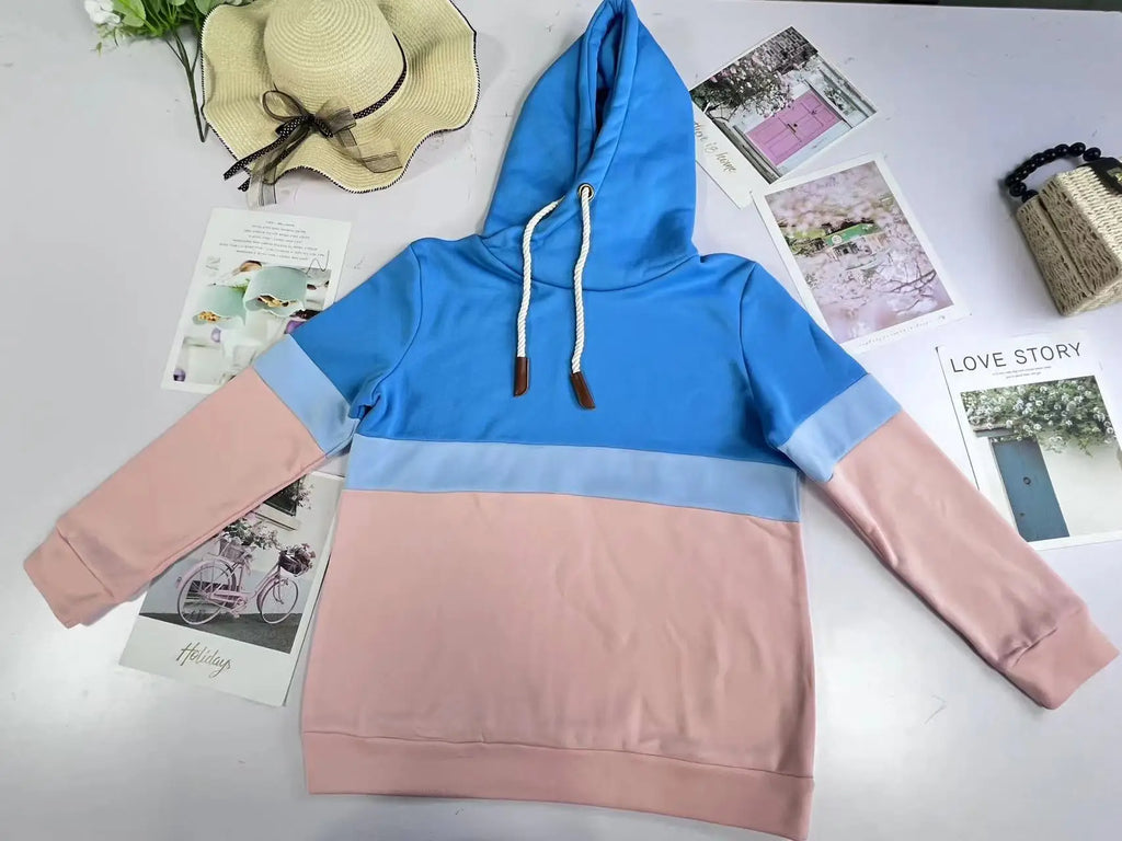 Women's 2024 New Autumn and Winter Solid Color Stitching Casual High Collar Hooded Sweatshirt