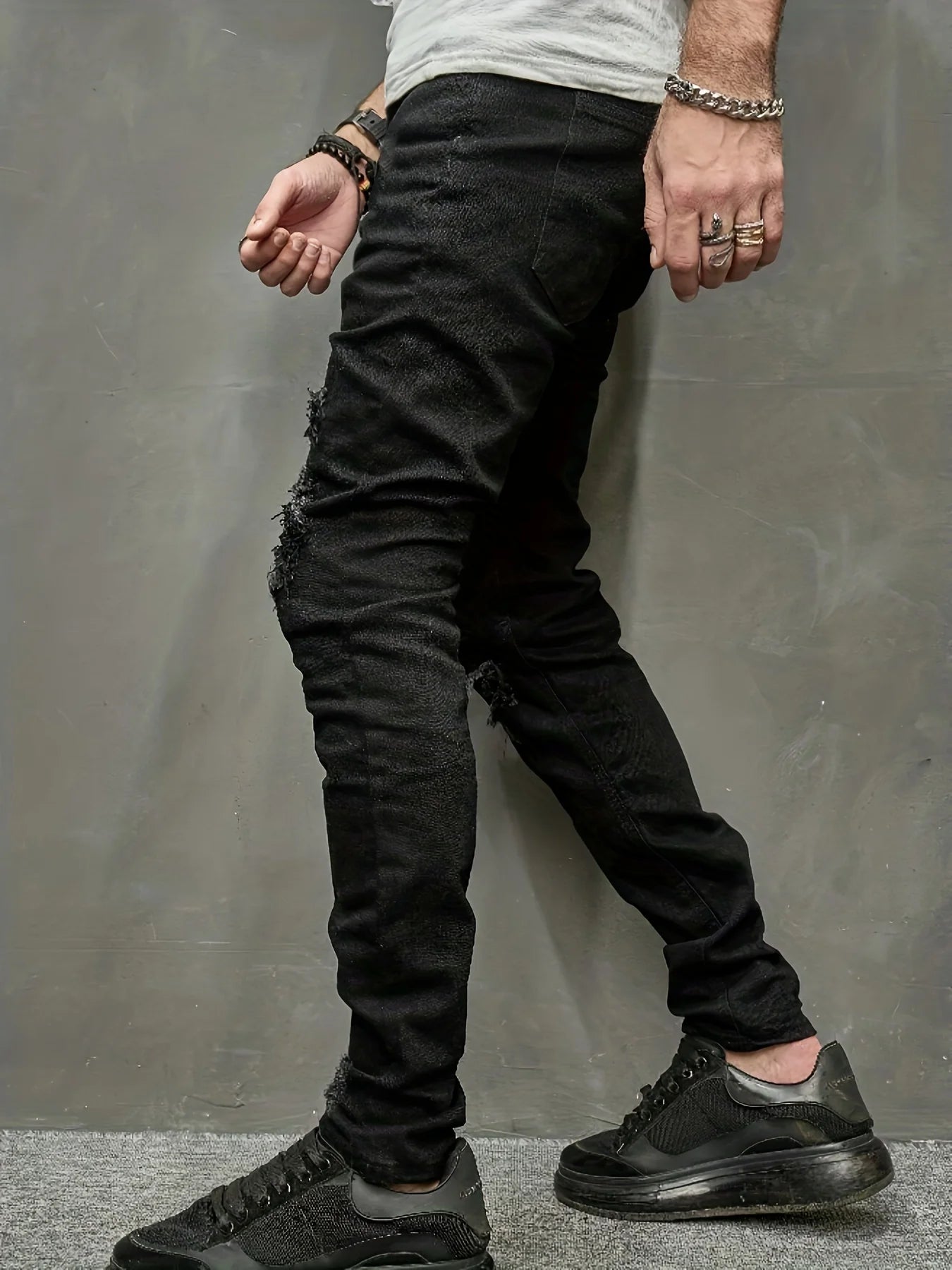 Men's Slim Fit Jeans with Torn Holes and Fabric Patch