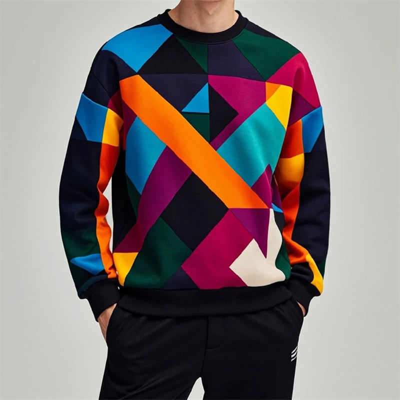 Fashion Geometry Graphic Sweatshirt for Men - Spring Autumn Simple Trend Long Sleeve 3D Printed Hoodies Casual Oversized Pullovers
