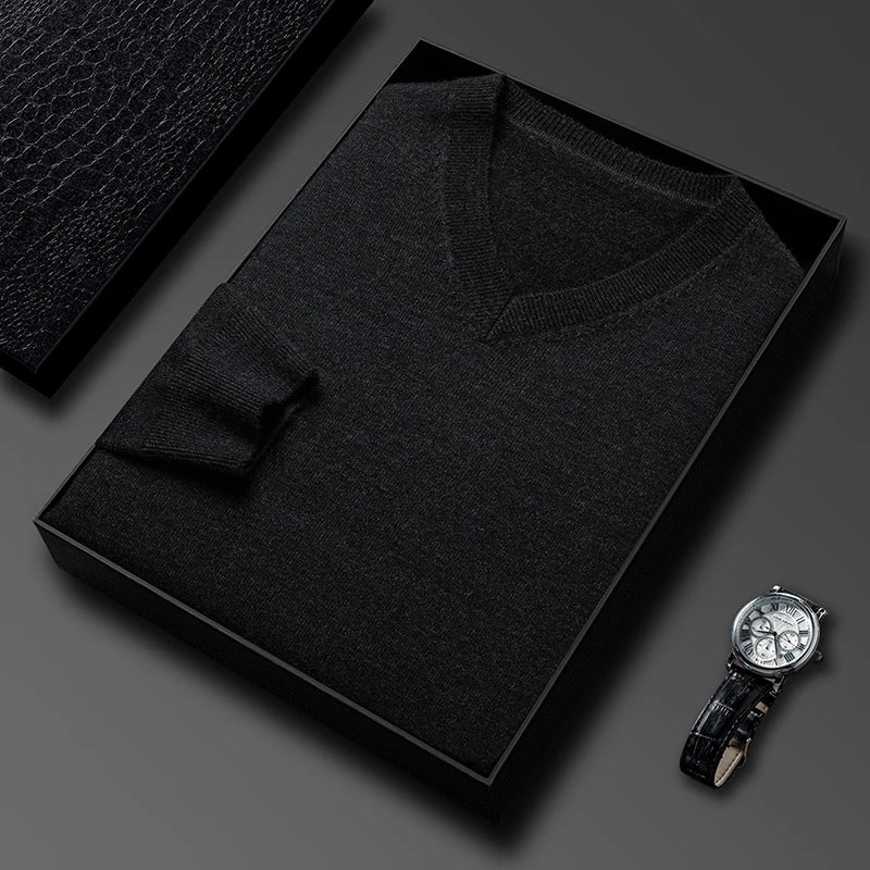 Men's V-Neck Basic Solid Color Sweatshirt Warm Autumn Knitted Oversize Pullover Elastic Round Neck Sweater for Casual Wear