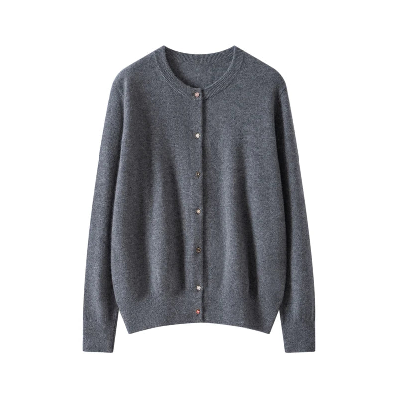 High-quality 100% Pure Cashmere Women's Cardigan Casual Knitted Sweater Loose Round Neck Tops Thickened Basic Pull Jumper
