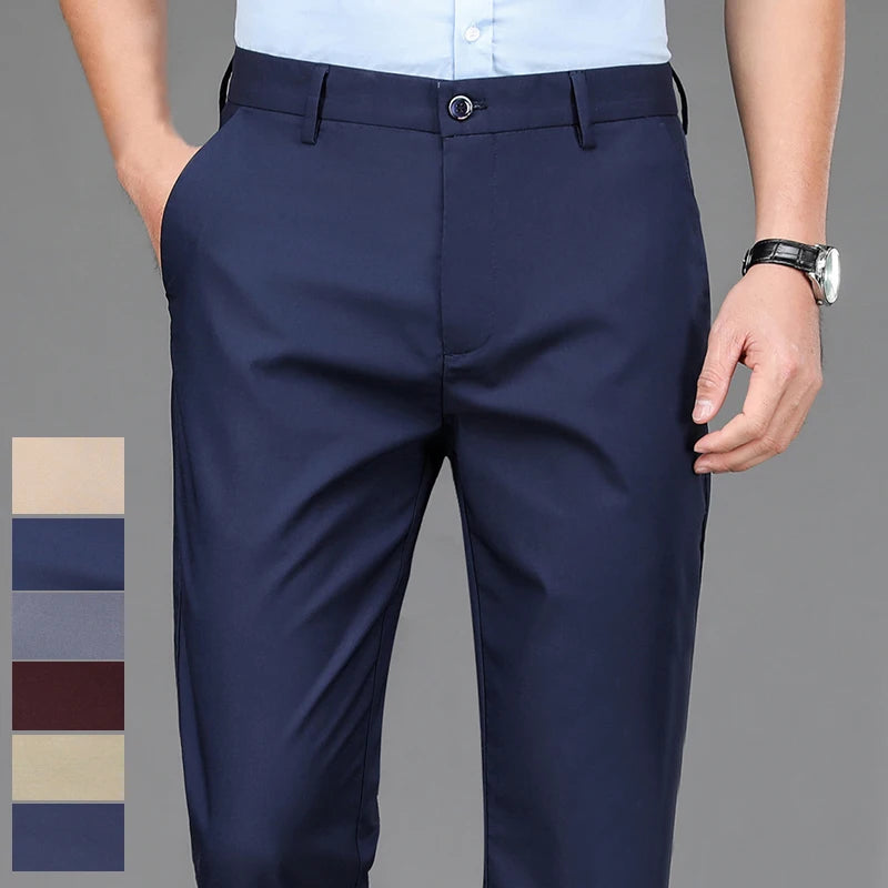 Men's Stretch Solid Black Smart Casual Trousers - Office Quick Dry Suit Pants - New Spring Autumn Korean Straight Pants