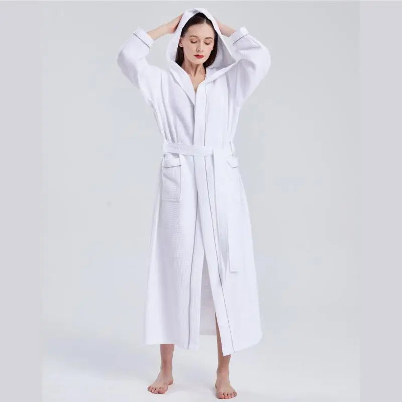 Pure Cotton Waffle Hooded Hotel SPA Robe for Men and Women - Quick Drying, Absorbent Kimono Yukata Sleepwear, Homewear, Casual Soft Bathrobe