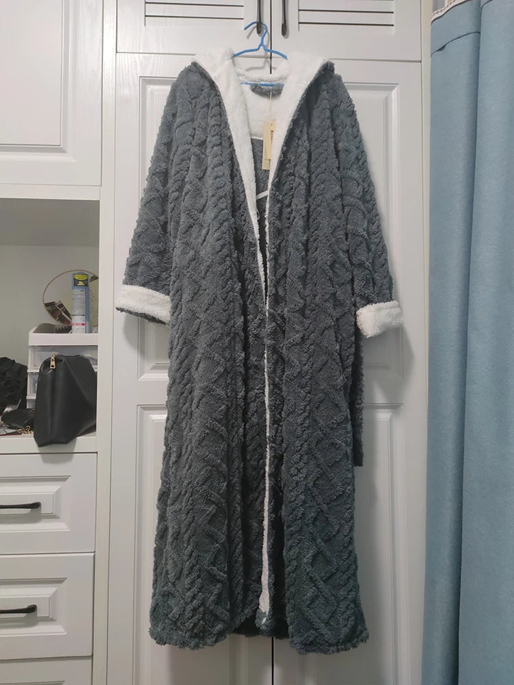 Loose Long Thick Hooded Winter Bathrobe for Women - Flannel Terry Comfortable Sleepwear