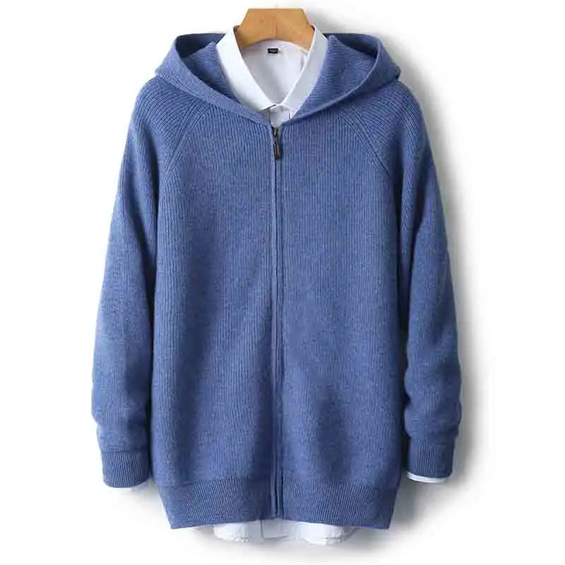 Men's 100% Merino Wool Hooded Zipper Cardigan - Autumn Winter Thick Knit Large Size Jacket Long Sleeved Sportswear Coat