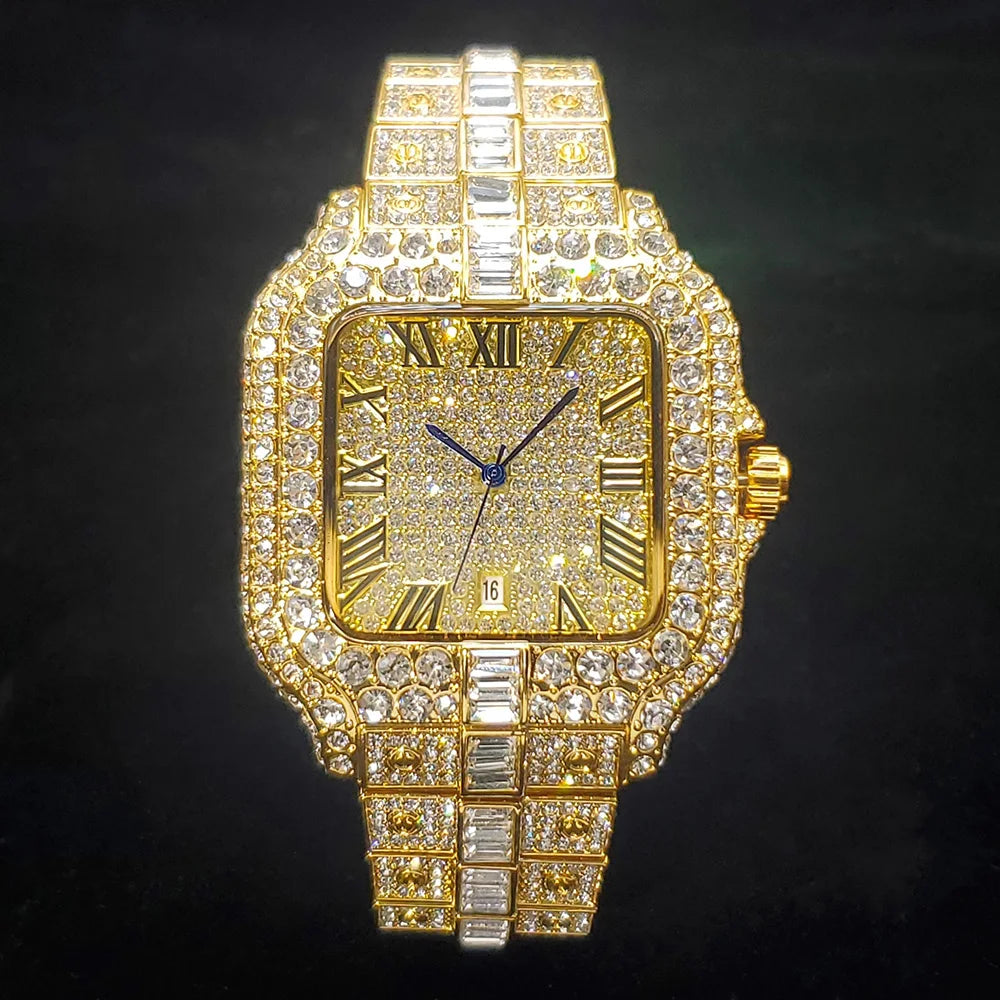 Luxurious Full Diamond Watch for Men Popular Rose Gold Iced Out Quartz Watches Fashion Hip Hop Jewelry Reloj Hombre Dropshipping