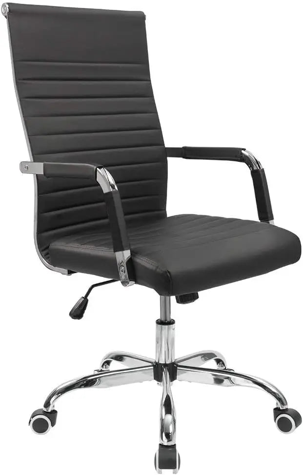 Furmax Ribbed Office Desk Chair Mid-Back PU Leather Executive Conference Task Chair Adjustable Swivel Chair with Arms (White)
