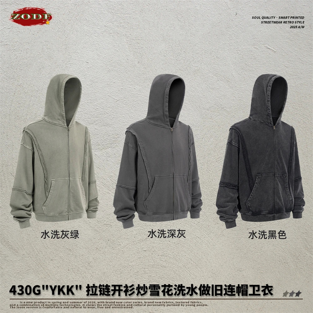 ZODF Retro Winter Man 430gsm Zipper Cotton Hoodies Unisex Heavy Weight Washed Loose Edge Zip-up Hooded Coats HY1125