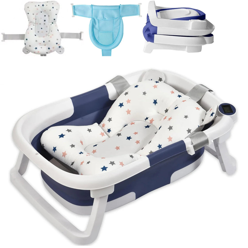 Foldable Baby Bath Tub with Bath Cushion for Infants and Toddlers - Thermometer, Non-Slip, Collapsible, Perfect from Newborn to Toddler