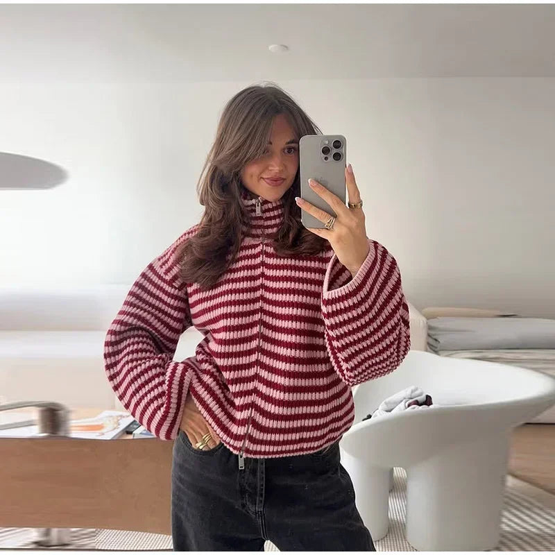 Women's Panelled Striped Zipper Knit Sweater Turtleneck Full Sleeve Coat 2026 Spring Autumn Female Casual Outings Daily Matching