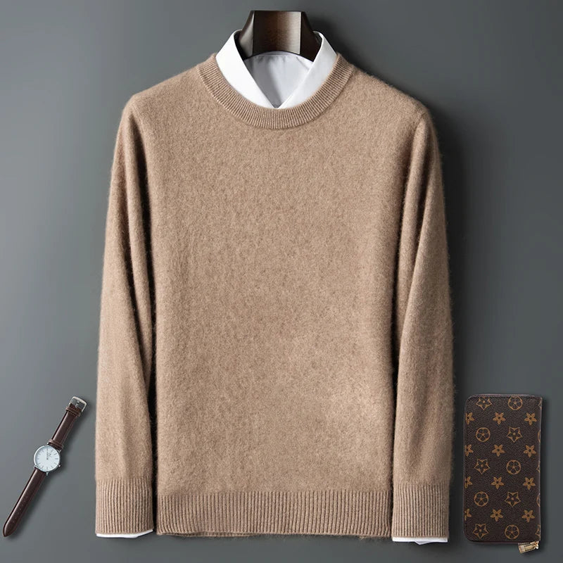 100% Pure Mink Cashmere Men's Round Neck Sweater for Autumn Winter, Casual Knitted Long Sleeved Pullover Sweater Men's Clothing