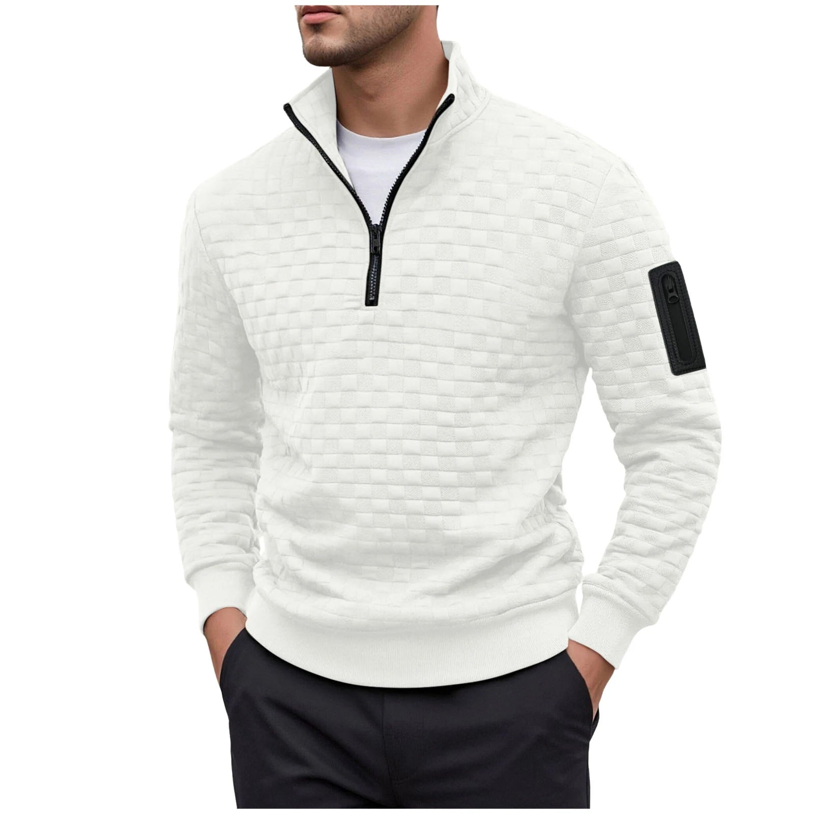 Autumn/Winter Soft Hoodless Sweatshirt Men's Warm Pullover Top Letter Checkered Half Zipper Sweatshirt Long-Sleeve Sweatshirts