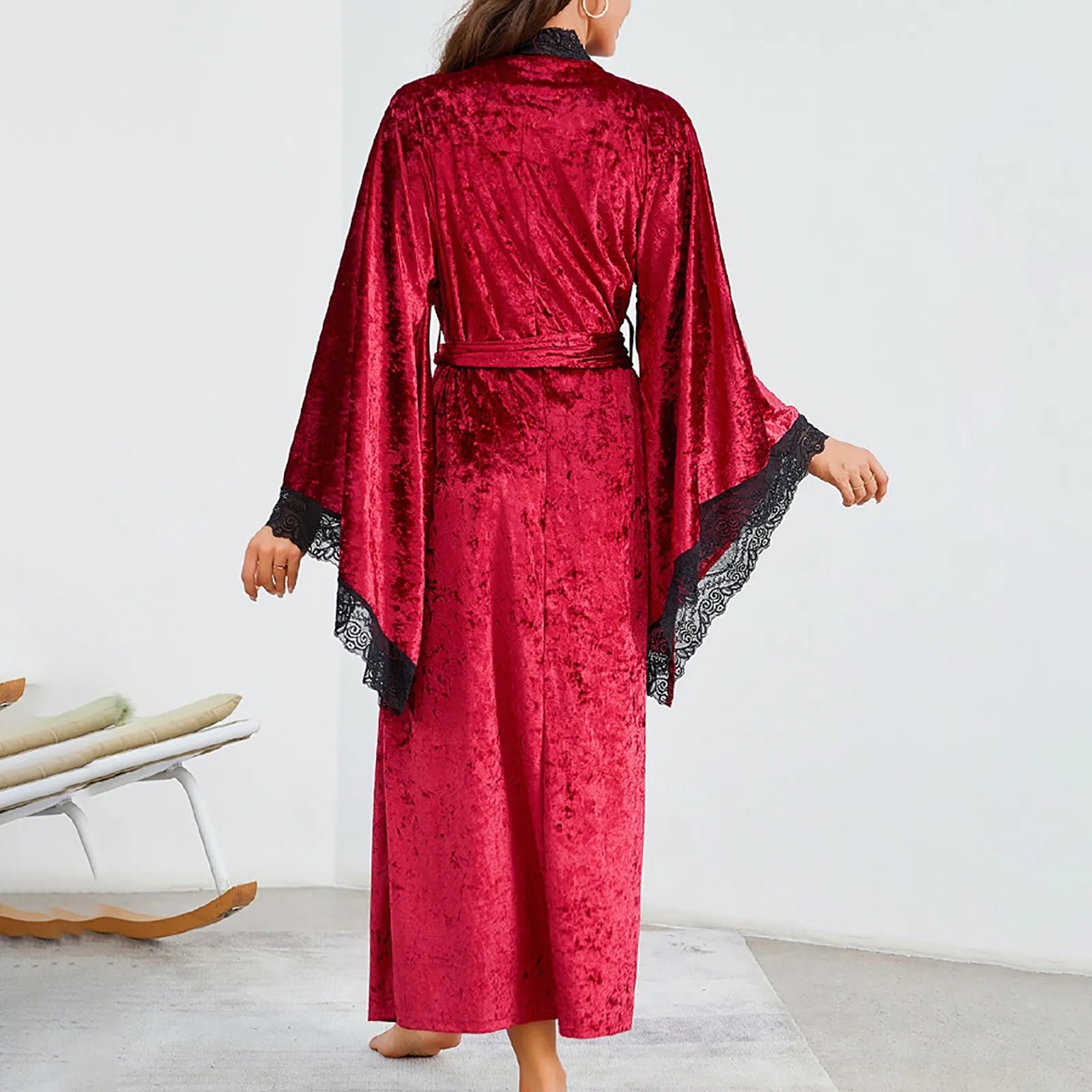 Women's Lace Velvet Bathrobe Breathable Nightgown Kimono Home Clothes Flare Sleeve Night Long Robe Female Sleepwear Homewear