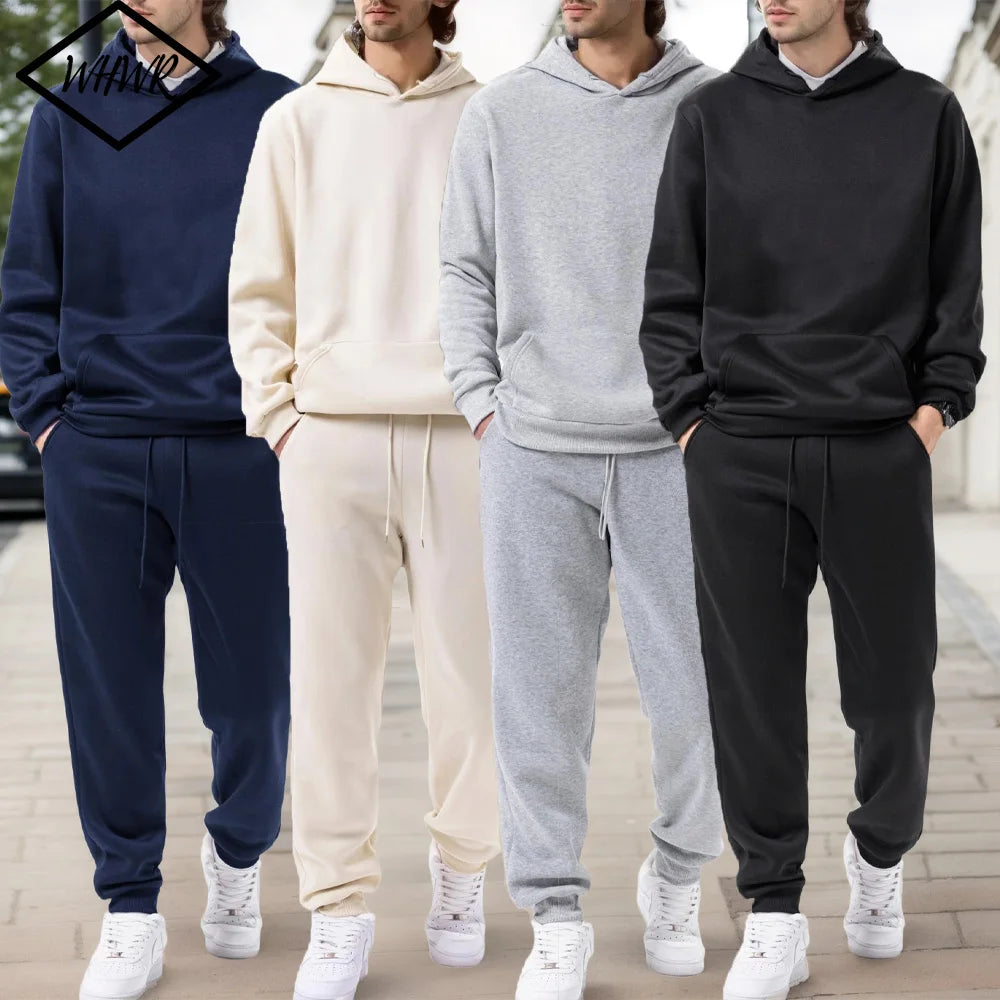 Men's Autumn and Winter Solid Color Hoodie and Jogging Pants Two-piece Set Fashionable Outdoor Casual Sportswear Men's Tracksuit