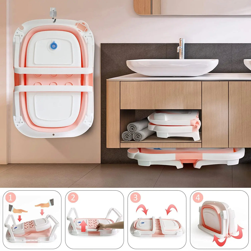 Foldable Baby Bath Tub with Bath Cushion for Infants and Toddlers - Thermometer, Non-Slip, Collapsible, Perfect from Newborn to Toddler