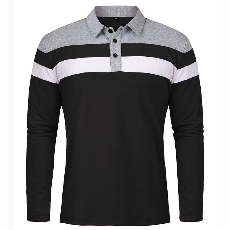 Men's Long Sleeve Casual Cotton Patchwork Collared Shirt Autumn Striped Pullover Streetwear Golf Button Polo Shirts