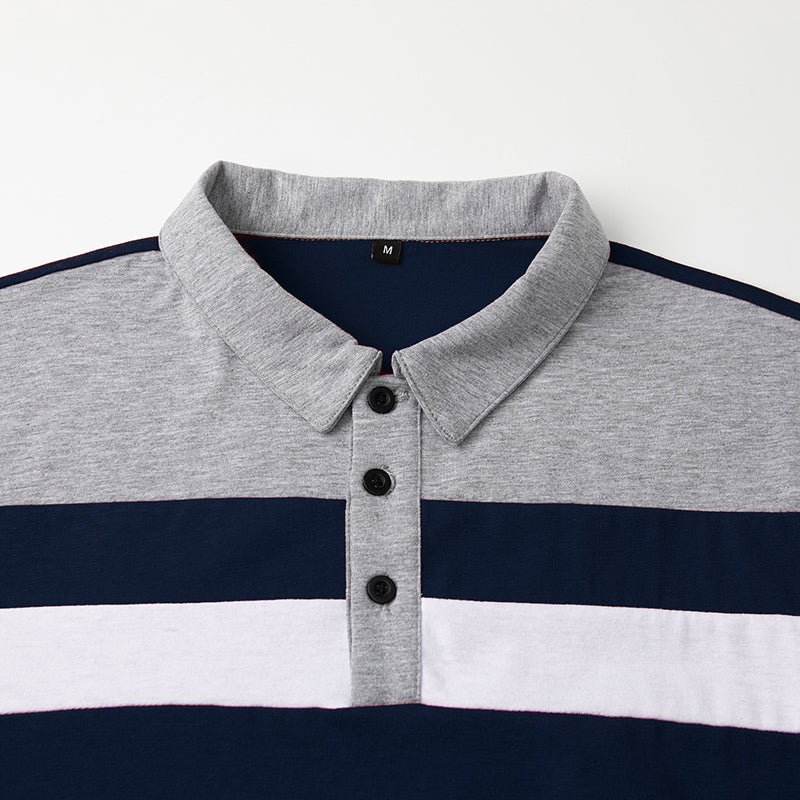 Men's Long Sleeve Casual Cotton Patchwork Collared Shirt Autumn Striped Pullover Streetwear Golf Button Polo Shirts