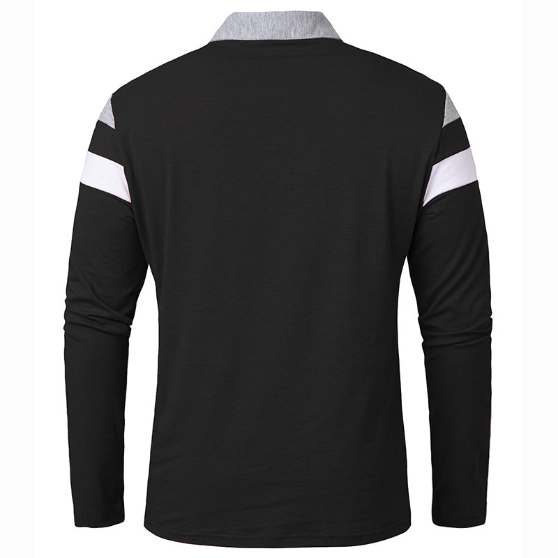 Men's Long Sleeve Casual Cotton Patchwork Collared Shirt Autumn Striped Pullover Streetwear Golf Button Polo Shirts