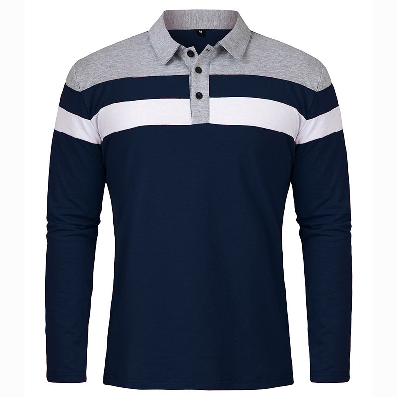 Men's Long Sleeve Casual Cotton Patchwork Collared Shirt Autumn Striped Pullover Streetwear Golf Button Polo Shirts
