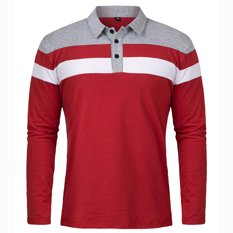Men's Long Sleeve Casual Cotton Patchwork Collared Shirt Autumn Striped Pullover Streetwear Golf Button Polo Shirts