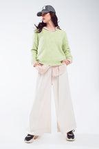 Green Fluffy Knit Sweater With V-Neck