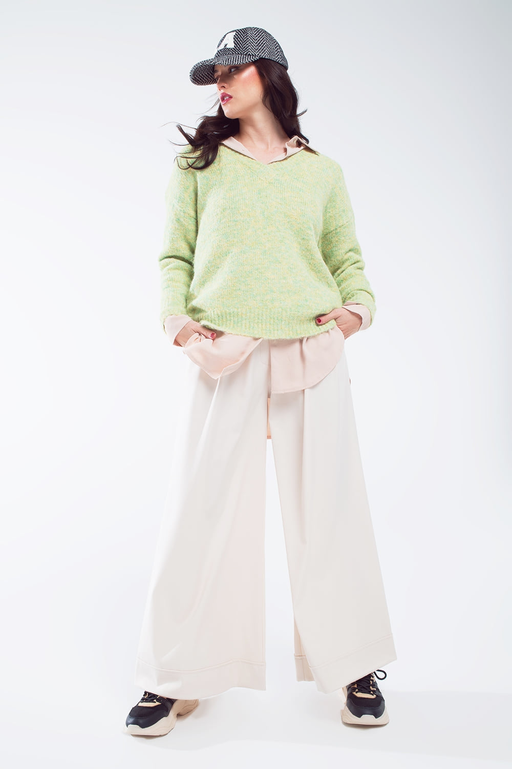 Green Fluffy Knit Sweater With V-Neck