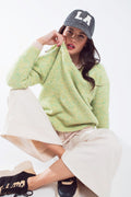Green Fluffy Knit Sweater With V-Neck