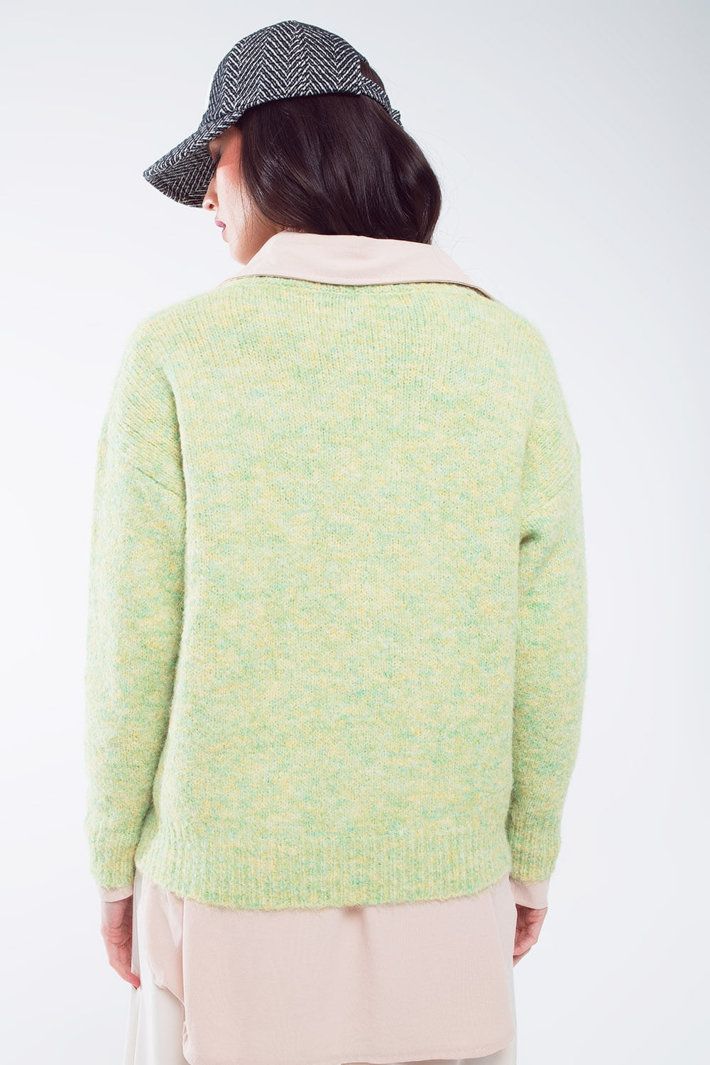 Green Fluffy Knit Sweater With V-Neck