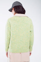 Green Fluffy Knit Sweater With V-Neck