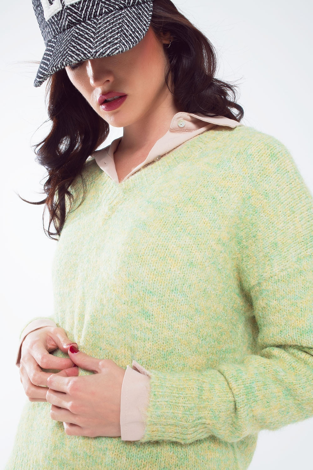 Green Fluffy Knit Sweater With V-Neck